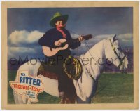 7p925 TROUBLE IN TEXAS LC 1937 best portrait of Tex Ritter playing guitar on his horse White Flash!