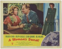 7p983 WOMAN'S SECRET LC #6 1949 Melvyn Douglas holds Gloria Grahame's hand & stares at her in booth