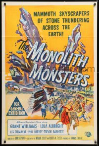 7r550 MONOLITH MONSTERS Aust 1sh 1957 cool sci-fi art of living mammoth skyscrapers of stone!