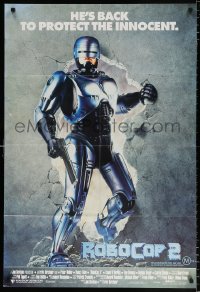 7r571 ROBOCOP 2 Aust 1sh 1990 full-length cyborg policeman Peter Weller busts through wall, sequel!