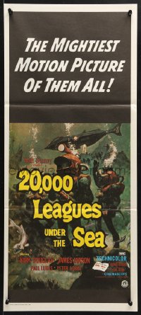 7r603 20,000 LEAGUES UNDER THE SEA Aust daybill R1970s art of Jules Verne's deep sea divers!
