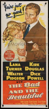 7r622 BAD & THE BEAUTIFUL Aust daybill 1953 great art of Kirk Douglas roughing up sexy Lana Turner!