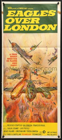 7r704 EAGLES OVER LONDON Aust daybill 1973 a true story written in flame & fury, cool art!
