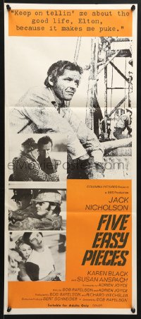 7r722 FIVE EASY PIECES Aust daybill 1970 close up of Jack Nicholson, directed by Bob Rafelson!