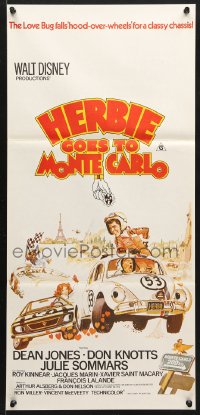 7r758 HERBIE GOES TO MONTE CARLO Aust daybill 1977 Disney, Bysouth Volkswagen Beetle racing art!