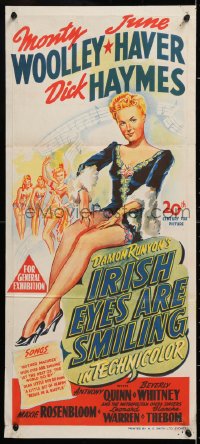 7r779 IRISH EYES ARE SMILING Aust daybill 1945 art of pretty June Haver and chorines, rare!