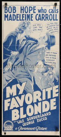 7r841 MY FAVORITE BLONDE Aust daybill 1940s Richardson Studio art of Bob Hope and Madeleine Carroll!
