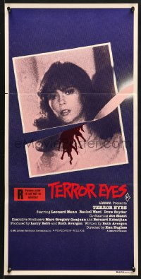 7r848 NIGHT SCHOOL Aust daybill 1981 Terror Eyes, cool close up artwork of eye & bloody knife!