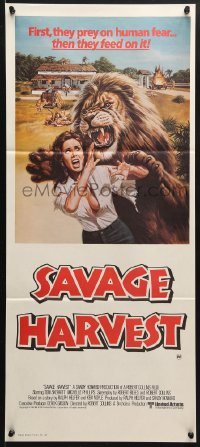 7r901 SAVAGE HARVEST Aust daybill 1981 wild artwork of African lion attacking sexy girl!