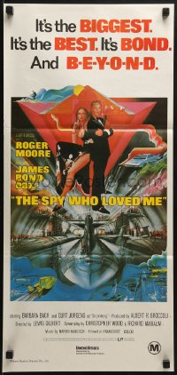 7r927 SPY WHO LOVED ME Aust daybill R1980s great art of Roger Moore as James Bond 007 by Bob Peak!