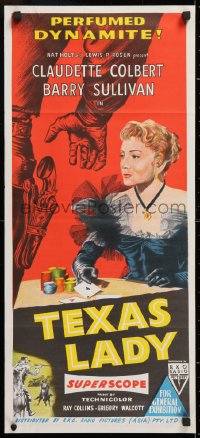 7r953 TEXAS LADY Aust daybill 1955 art of perfumed dynamite Claudette Colbert gambling!