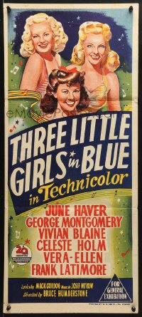 7r961 THREE LITTLE GIRLS IN BLUE Aust daybill 1946 sexy June Haver, Vivian Blaine & Vera-Ellen!