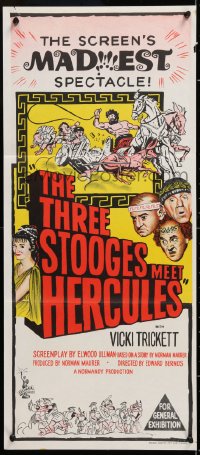 7r963 THREE STOOGES MEET HERCULES Aust daybill 1961 Moe Howard, Larry Fine & Joe DeRita, Burke!