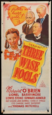7r964 THREE WISE FOOLS Aust daybill 1946 Margaret O'Brien is adopted by Lionel Barrymore, Stone & Arnold!