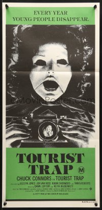 7r971 TOURIST TRAP Aust daybill 1979 Charles Band, wacky horror image of masked woman with camera!