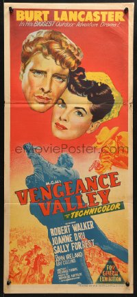 7r978 VENGEANCE VALLEY Aust daybill 1951 close-up art of Burt Lancaster & Joanne Dru over fight!