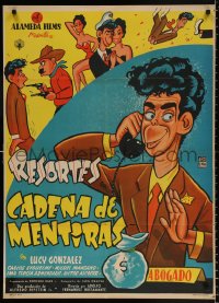 7r021 CADENA DE MENTIRAS Mexican poster 1955 wacky cartoon art of comedian Resortes by Cabral!