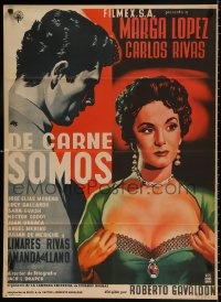 7r022 DE CARNE SOMOS Mexican poster 1955 artwork of sexy Marga Lopez pulling her shirt open!