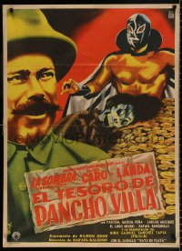 7r029 EL TESORO DE PANCHO VILLA Mexican poster 1954 Diaz art of masked wrestler & gold pile!
