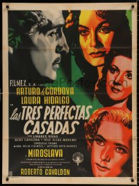 7r049 LAS TRES PERFECTAS CASADAS Mexican poster 1952 Renau art of Arturo de Cordova & pretty women!