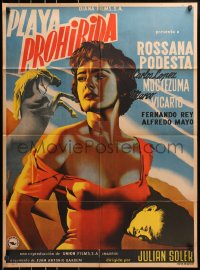 7r060 PLAYA PROHIBIDA Mexican poster 1956 cool art of sexy Rossana Podesta and rearing horse!