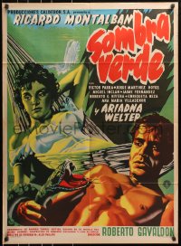 7r065 SOMBRA VERDE Mexican poster 1956 art of Ricardo Montalban attacked by snake by sexy woman!