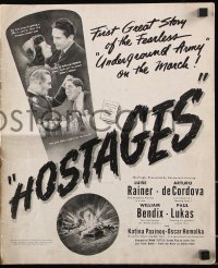 7s274 HOSTAGES pressbook 1943 Luise Rainer, right out of Hitler's cracking Fortress Europe!