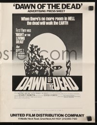 7s040 DAWN OF THE DEAD press sheet 1979 George Romero, there's no more room in HELL for the dead!