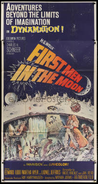 7t222 FIRST MEN IN THE MOON 3sh 1964 Ray Harryhausen, H.G. Wells, fantastic sci-fi art!