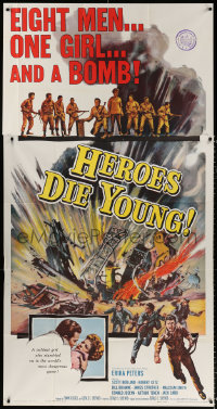 7t245 HEROES DIE YOUNG 3sh 1960 eight men, one girl, and a bomb, cool World War II artwork!