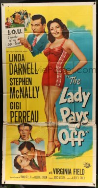 7t267 LADY PAYS OFF 3sh 1951 full-length sexy Linda Darnell in tiny red dress gambles & loses!
