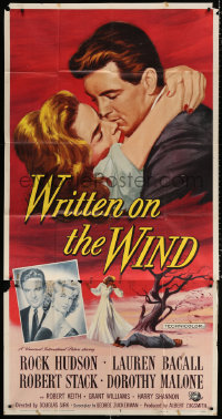7t377 WRITTEN ON THE WIND 3sh 1956 Brown art of sexy Lauren Bacall with Rock Hudson & Robert Stack!
