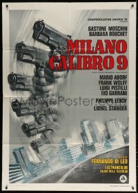 7t840 CALIBER 9 Italian 1p 1972 Milano calibro 9, cool Casaro art of gun in motion over city!