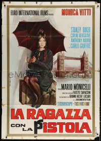 7t765 GIRL WITH THE PISTOL Italian 1p 1968 art of sexy Monica Vitti with umbrella by London Bridge!