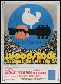 7t560 WOODSTOCK Italian 1p 1970 classic rock & roll concert, great Arnold Skolnick art over crowd!