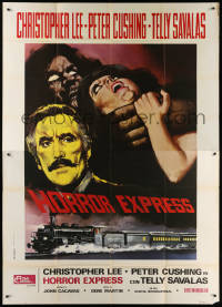 7t476 HORROR EXPRESS Italian 2p 1974 different art of Christopher Lee w/ monster & girl over train!