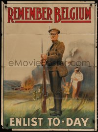 7t001 REMEMBER BELGIUM 29x40 English WWI recruiting poster 1915 art of solder by burning village!
