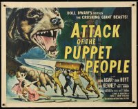 7w024 ATTACK OF THE PUPPET PEOPLE 1/2sh 1958 Brown art of tiny people w/ knife attacking dog!