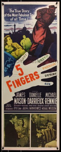 7w652 5 FINGERS insert 1952 James Mason, Danielle Darrieux, true story of the most fabulous spy!