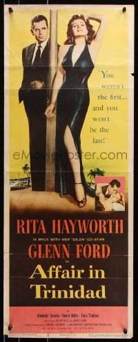 7w656 AFFAIR IN TRINIDAD insert 1952 Rita Hayworth, you weren't the first & won't be last, rare!
