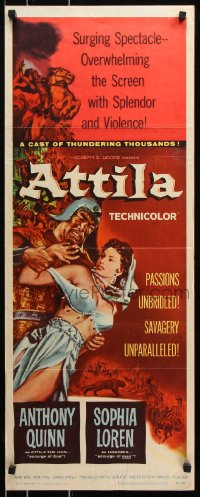 7w672 ATTILA insert 1958 art of Anthony Quinn as The Hun grabbing sexy Sophia Loren!