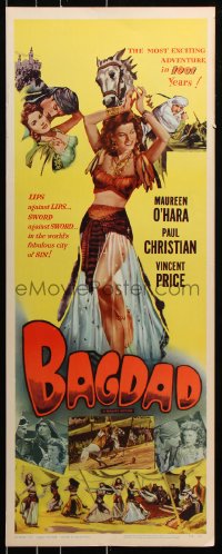 7w674 BAGDAD insert R1956 art of Maureen O'Hara in sexiest harem outfit + Vincent Price on horse!