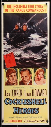 7w715 COCKLESHELL HEROES insert 1956 Jose Ferrer, Trevor Howard, art of WWII soldiers in canoe!