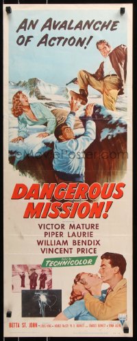 7w722 DANGEROUS MISSION insert 1954 Victor Mature, Piper Laurie, an avalanche of action!