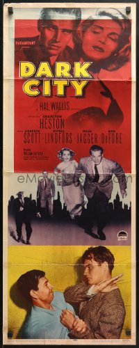 7w723 DARK CITY insert 1950 1st Charlton Heston with sexy Lizabeth Scott & slapping Jack Webb, noir!