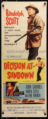 7w731 DECISION AT SUNDOWN insert 1957 full-length Randolph Scott w/rifle, directed by Budd Boetticher!