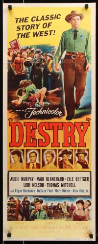 7w734 DESTRY insert 1954 Audie Murphy, western, wild artwork of showgirl starting a fight!