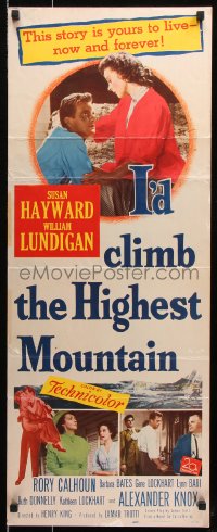 7w810 I'D CLIMB THE HIGHEST MOUNTAIN insert 1951 art of Susan Hayward holding William Lundigan on bed!