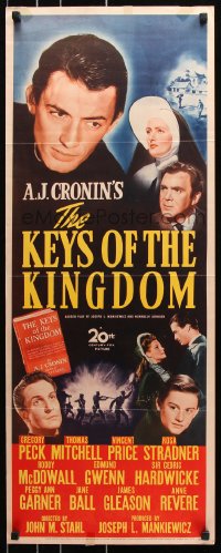 7w824 KEYS OF THE KINGDOM insert 1944 Gregory Peck, Vincent Price, Thomas Mitchell, Roddy McDowall!
