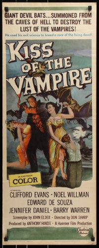 7w826 KISS OF THE VAMPIRE insert 1963 Hammer, cool art of devil bats attacking by Joseph Smith!